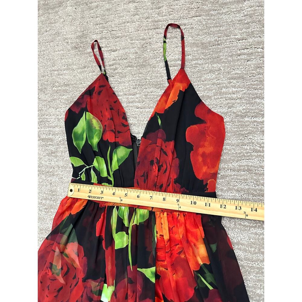 Bebe Romper Maxi Dress Womens 0 Red Black Floral Deep V Neck Slits - Picture 9 of 15